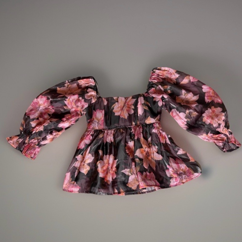 Nasty Gal Floral Smocked Peplum Blouse XS Sheer Long Sleeve Pink & Black